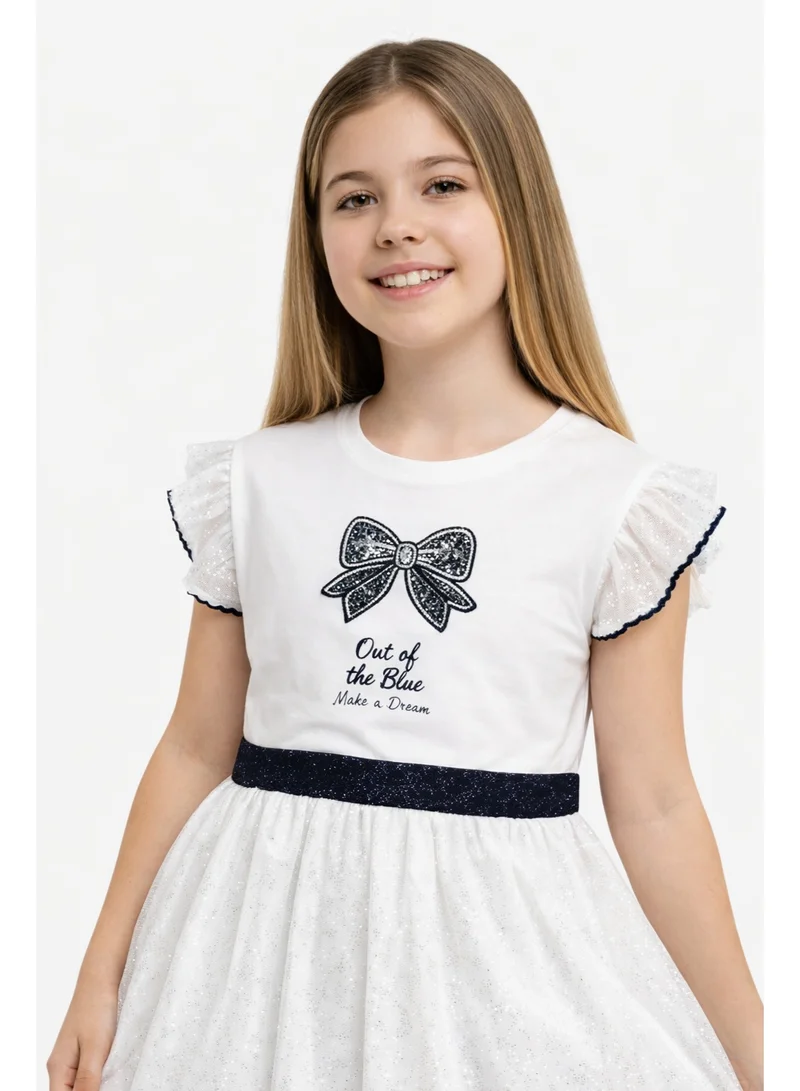 victor and jane Girls Bow Detail Tulle Dress – White & Navy